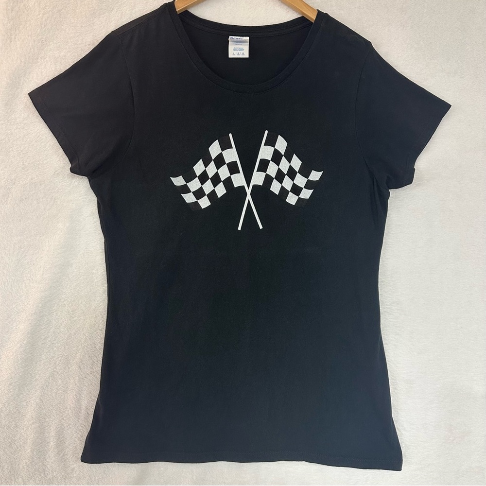 Port & Company Black T-Shirt Race Checkered Flags size L Unisex